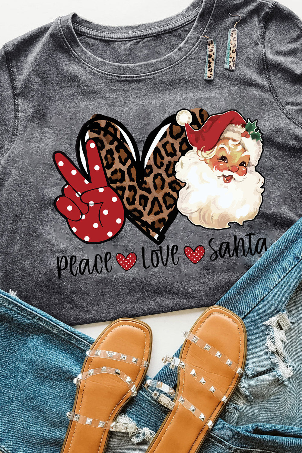 Grey Peace Love Santa Casual Christmas Graphic Tee