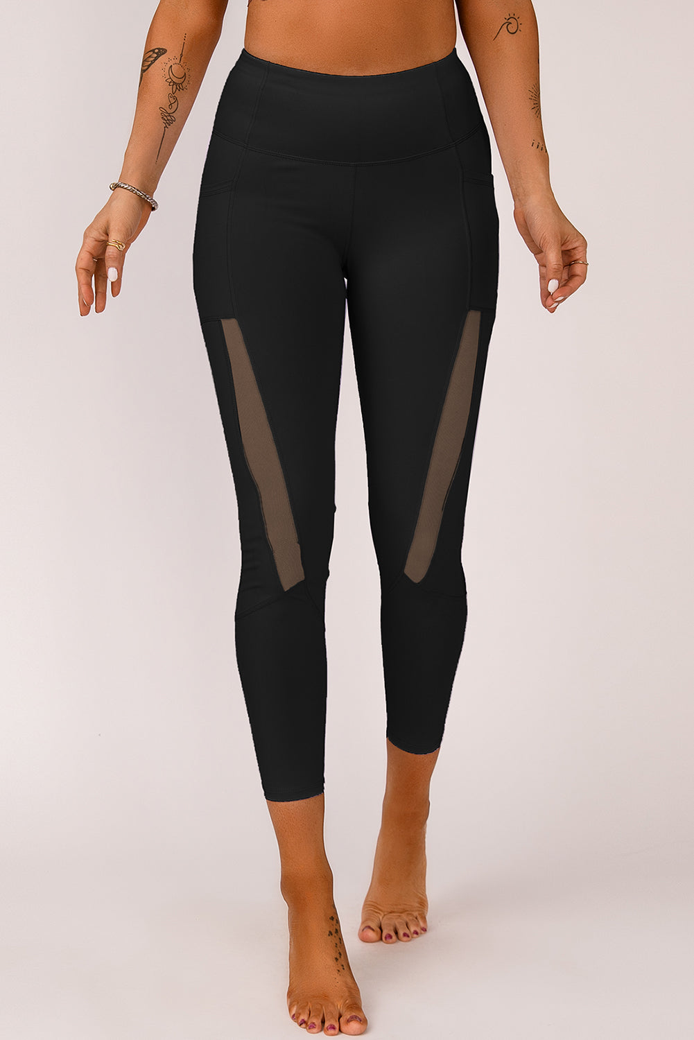 Mesh Side Splicing Phone Pocket High Waisted Leggings