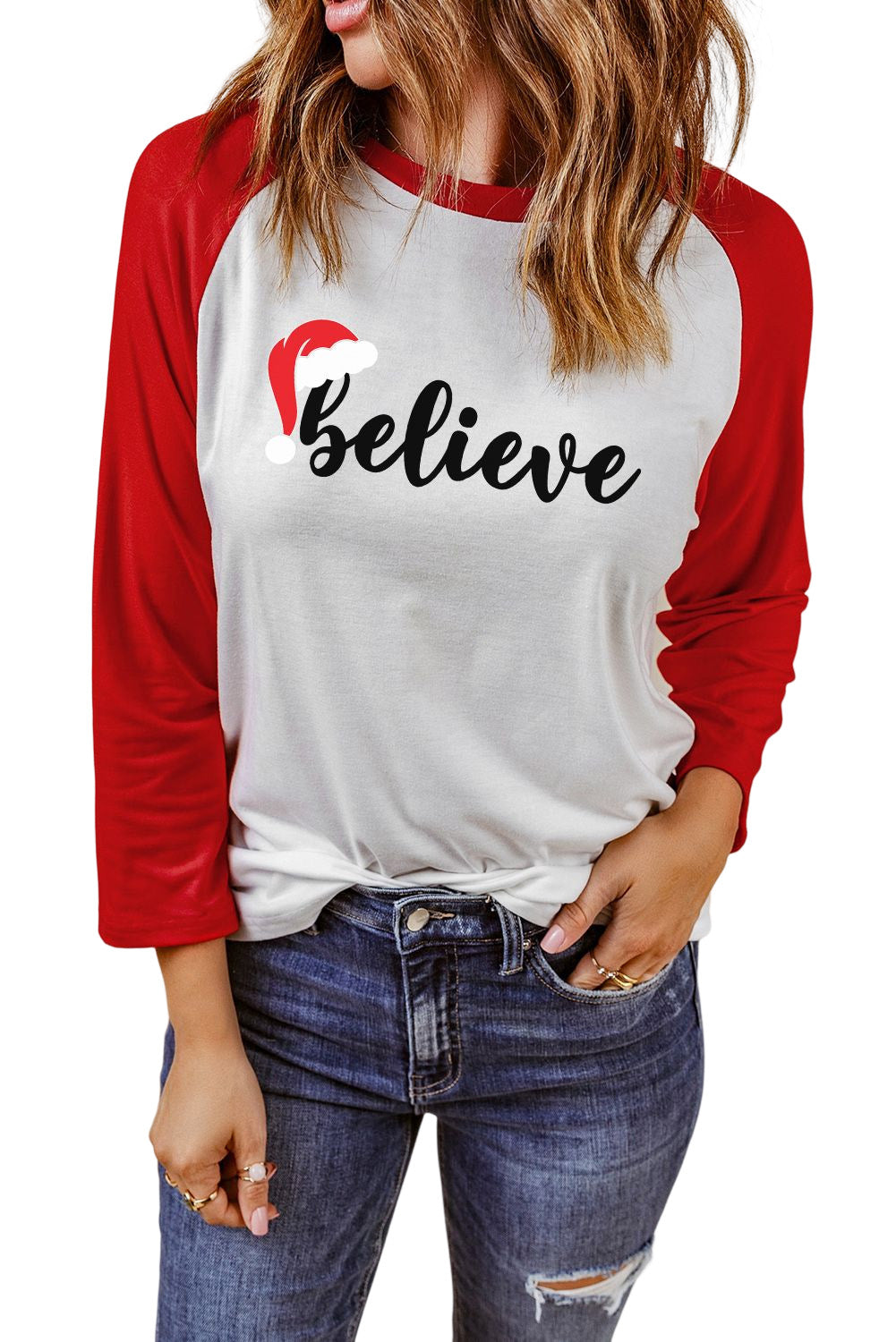 and White Color Block Long Sleeve Christmas T Shirt