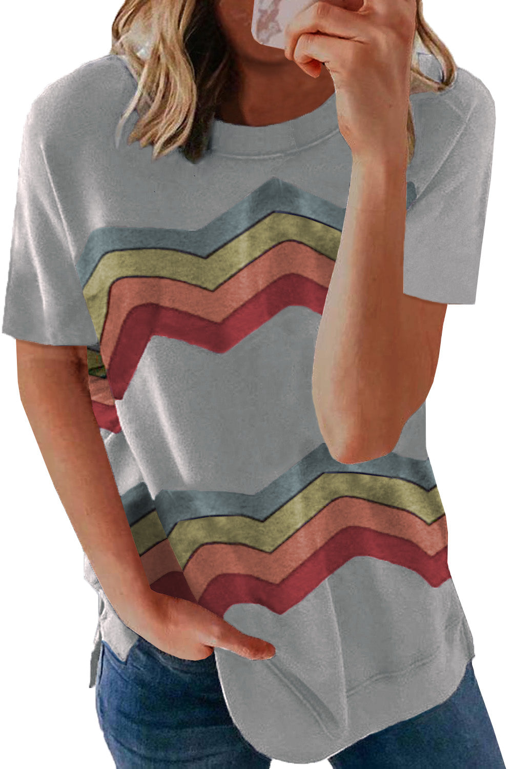 Colorful Wavy Stripes Print Short Sleeve Tee