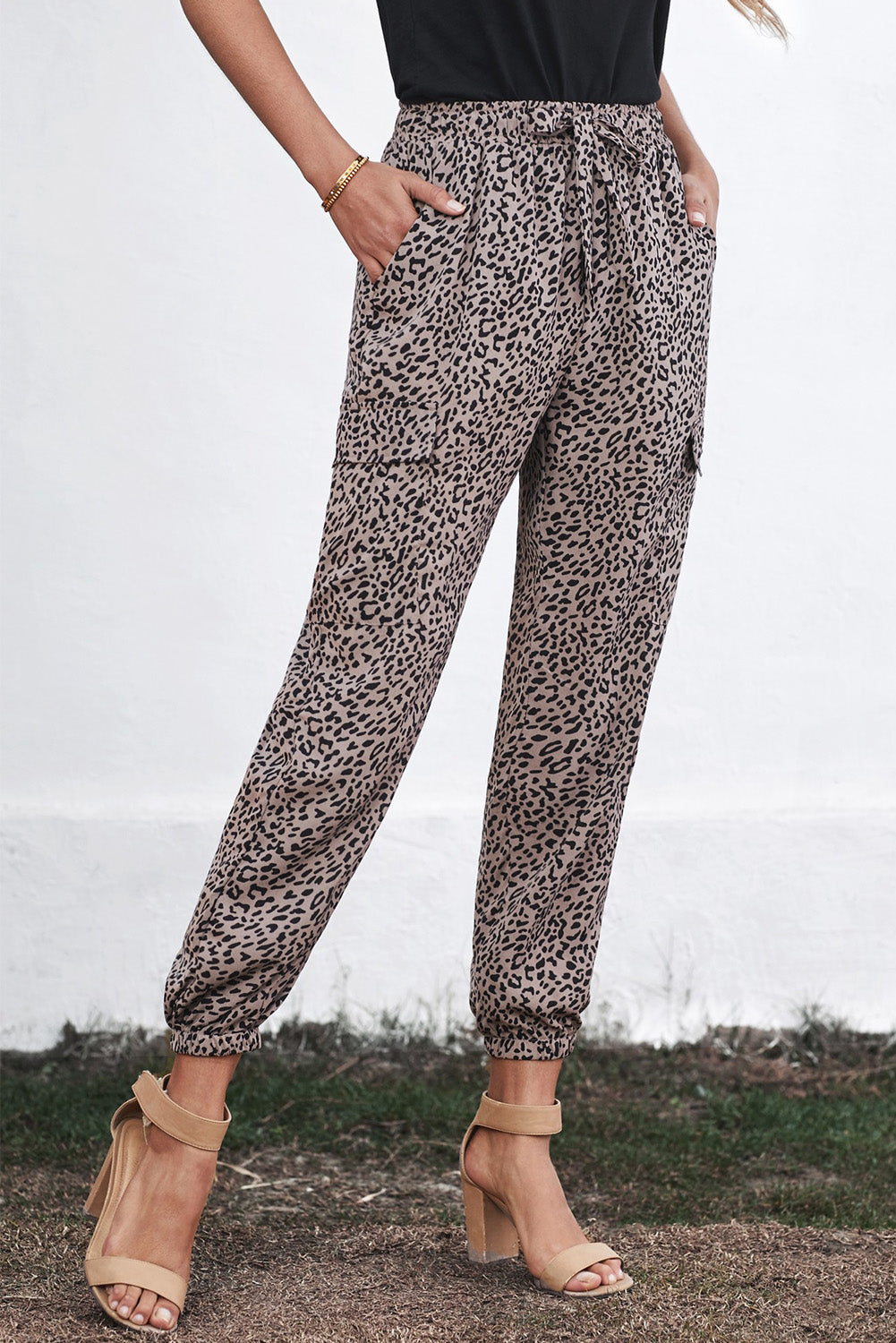 Grey Chic Leopard Print Elastic Waist Drawstring Joggers