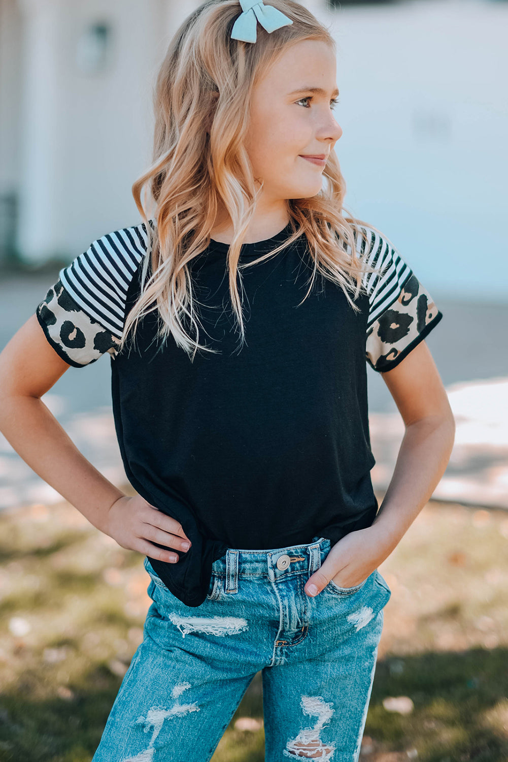 Khaki Striped Leopard Print Short Sleeve Women T-shirt