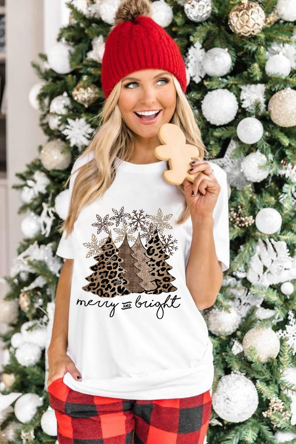 Leopard Christmas Tree Crew Neck Graphic T Shirt