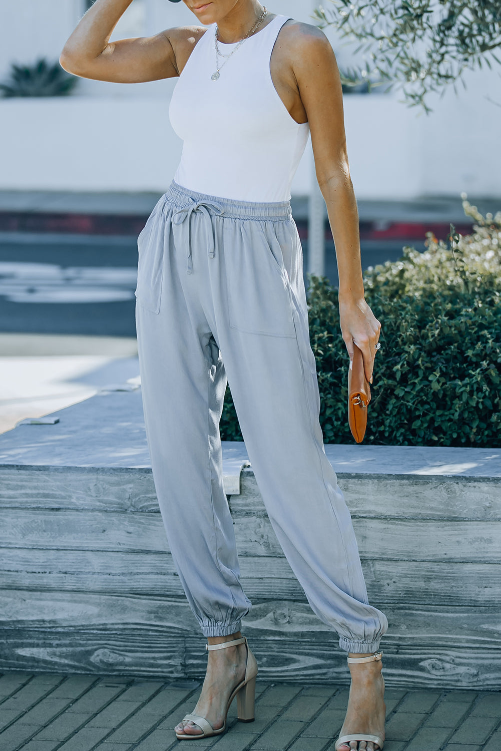 Drawstring Elastic Waist Pull-on Pants With Pockets