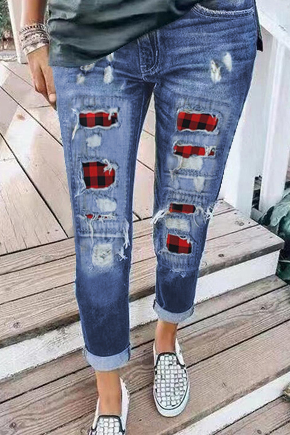 Ripped Plaid Straight Legs Jeans