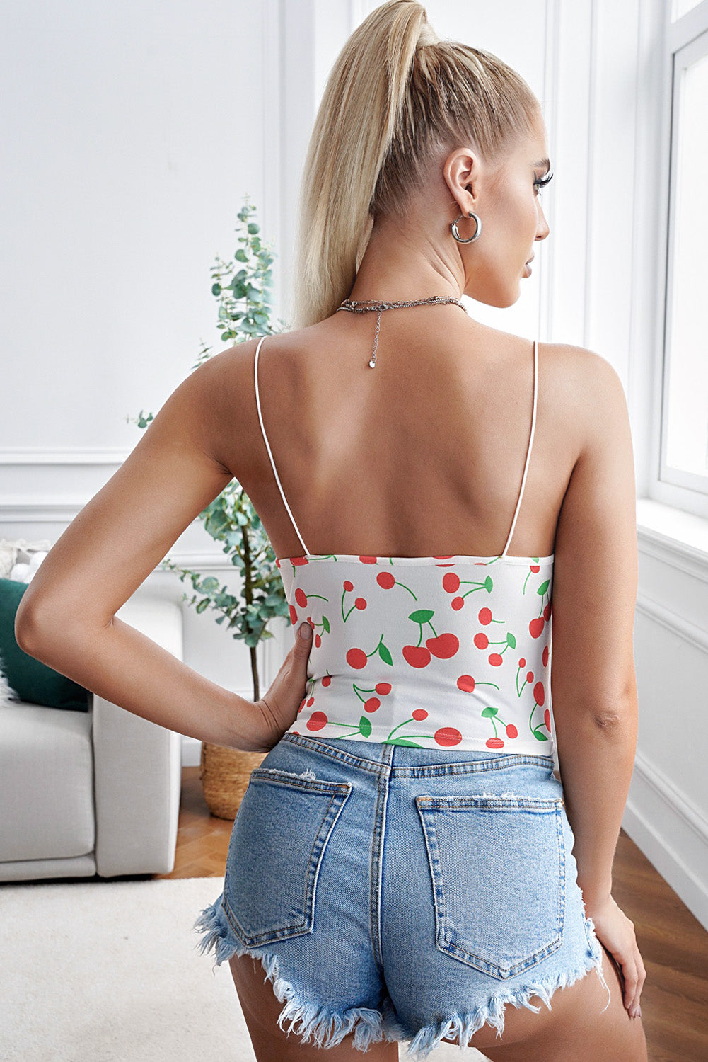 Cute Cherry Print Cropped Spaghetti Strap Camisole Top