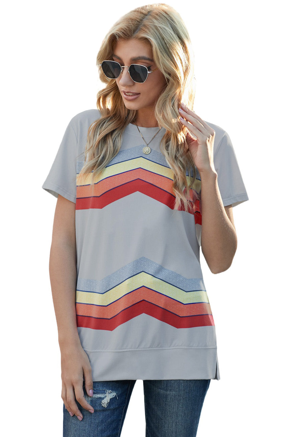 Colorful Wavy Stripes Print Short Sleeve Tee