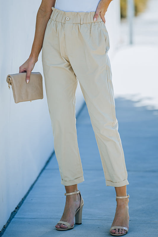 Beige Casual Frill Paper Bag Pocket High Rise Pants