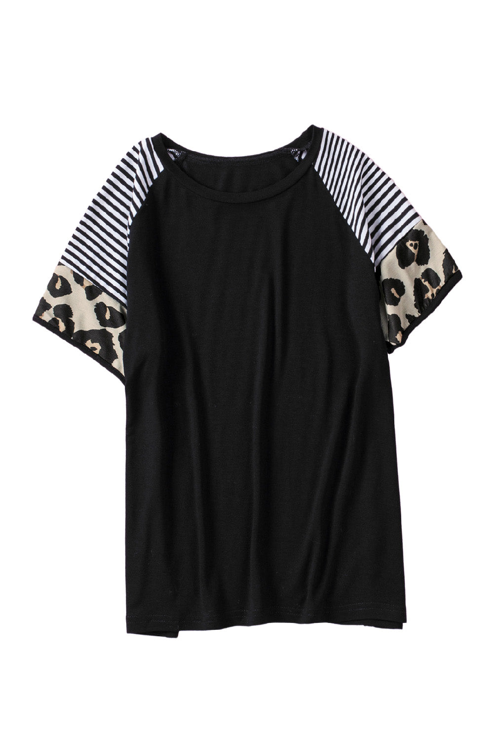 Khaki Striped Leopard Print Short Sleeve Women T-shirt