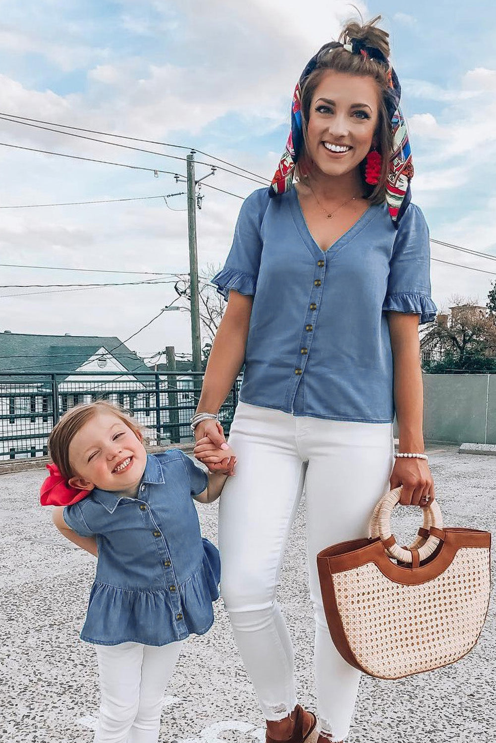 Denim Blue Ruffle Short Sleeve Shirt Mommy & Me Outfit