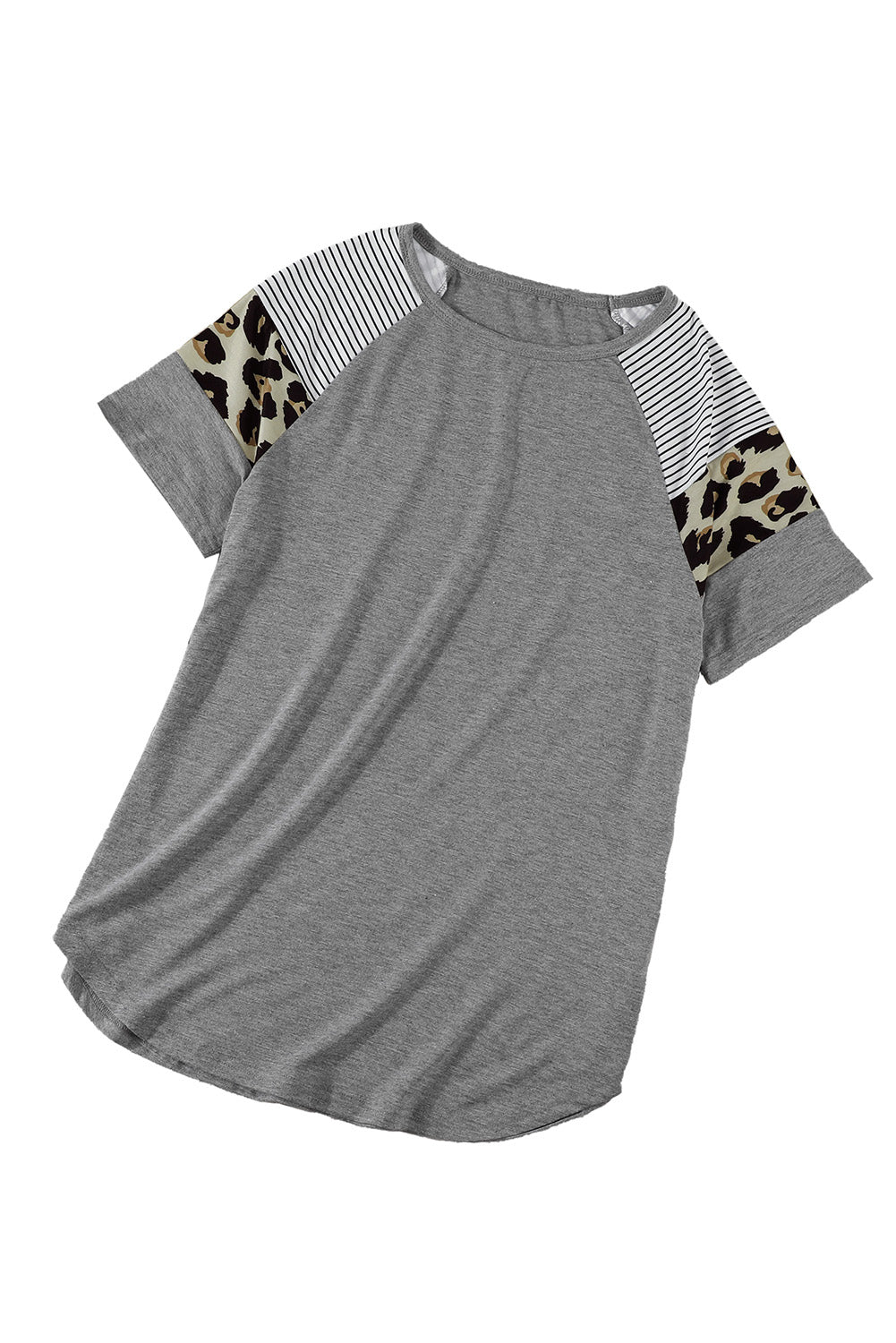 Khaki Striped Leopard Print Short Sleeve Women T-shirt