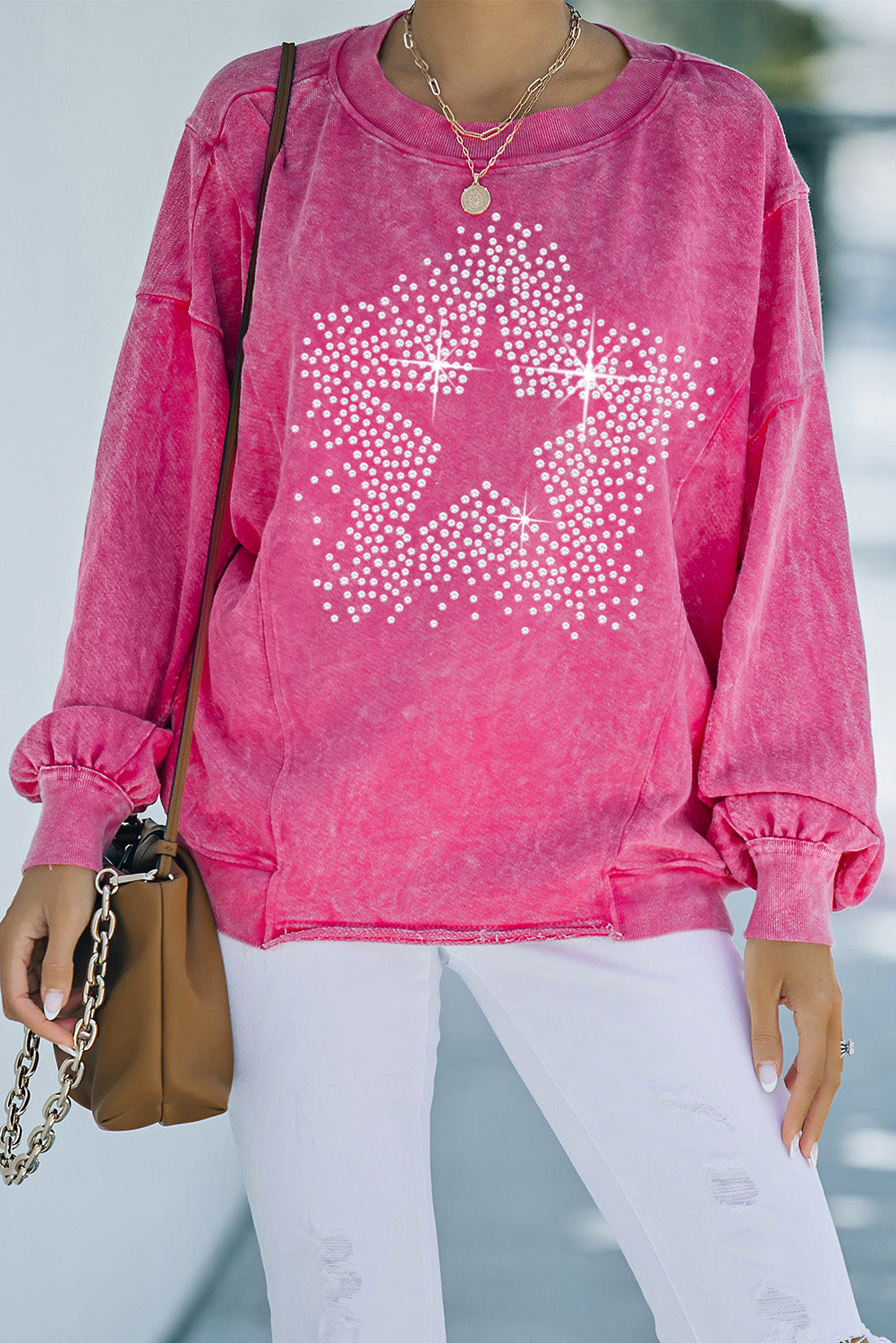 Rosy Rhinestone Star Washed Casual Graphic Sweatshirt