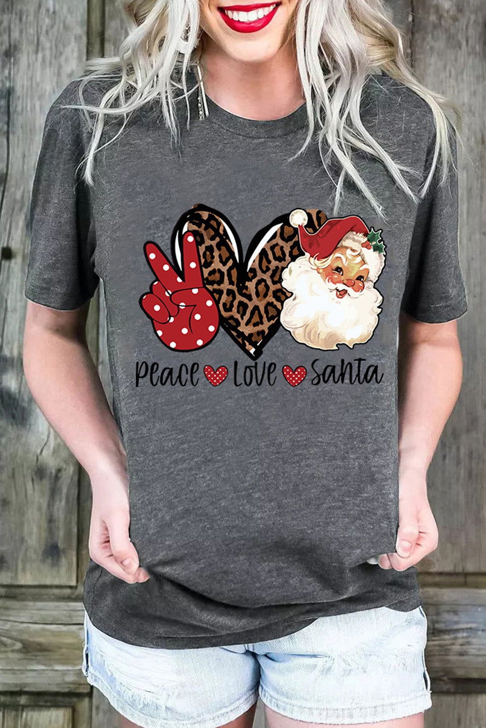 Grey Peace Love Santa Casual Christmas Graphic Tee